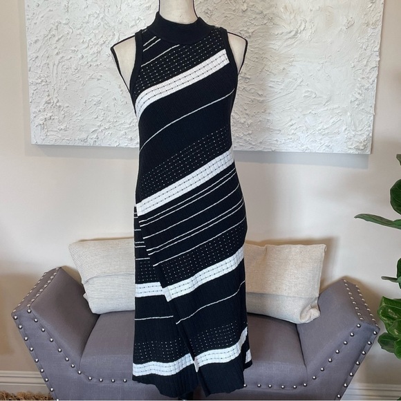 MOTH Midi Knit Dress Velda Asymmetric Stripe Mock Neck Black White Cutaway Wrap - Picture 2 of 9